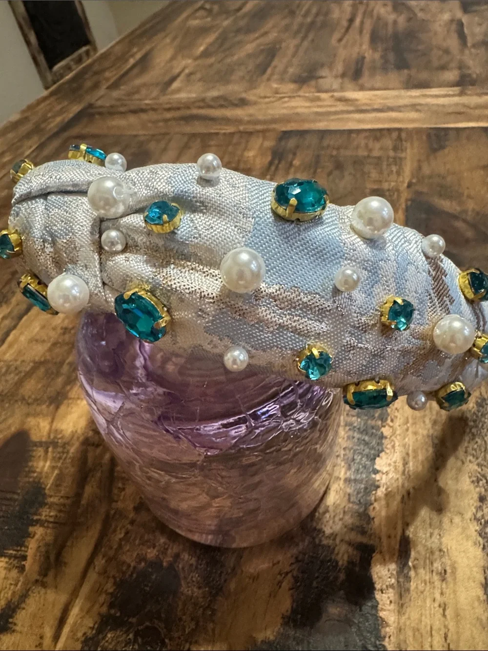 Brianna Cannon Ivory/Blue/Gold Knotted Headband with Teal Crystals & Pearls